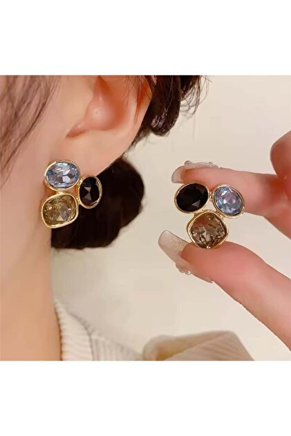 Blue Beige Three Stone Earrings