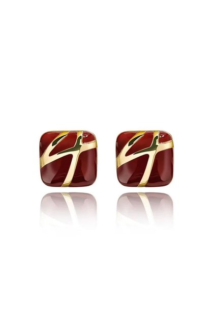 Bordo Gold Çizgili Kare Küpe