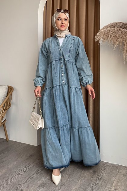 Rochie largi din denim albastru gheata cu jumatate de manta