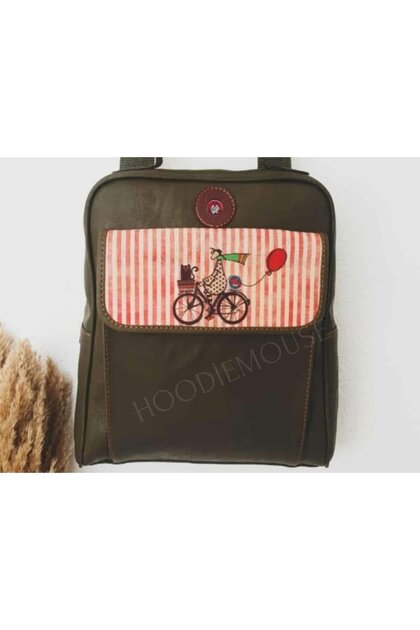 Unisex Bag with Bicycle Figure, Can Be Used as Backpack, Crossbody Bag or Handbag, Ethnic Bohemian Style - Khaki Green
