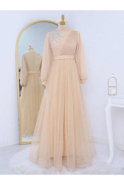 Front Stone Detail Draped Belted Tulle Evening Dress
