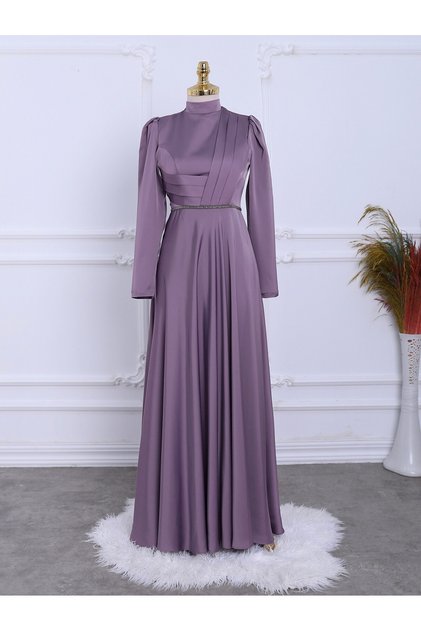 Rochie de seara din satin cu drapat in fata si detaliu cu margele in talie
