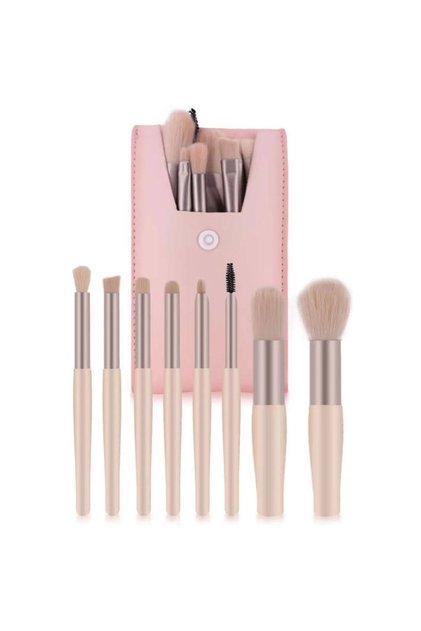 Pembe Deri Çantalı Taşınabilir 8'li Makyaj Fırça Seti