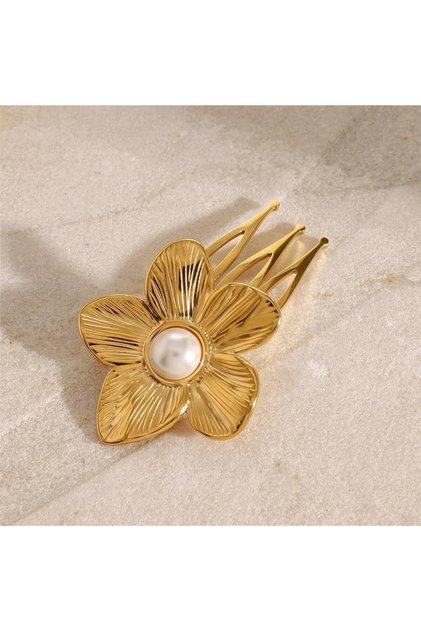 Gold Pearl Flower Comb Buckle (1 Piece)