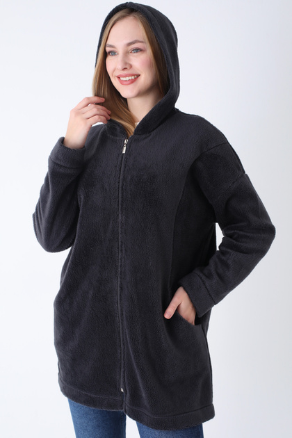 Women's Anthracite Zippered Hooded Pocket Oversize Plush Cardigan