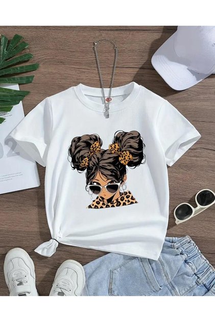 Girl's Crew Neck Printed Short Sleeve T-Shirt