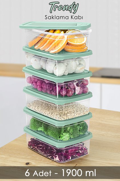 6 Pieces Rectangular Food Storage Container - Microwave Safe Organizer 1900ml Green