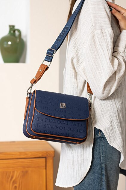 New Season Column Strap 4 Compartment Navy Blue Tan Women's Shoulder Bag 21X16Cm Pbu2174