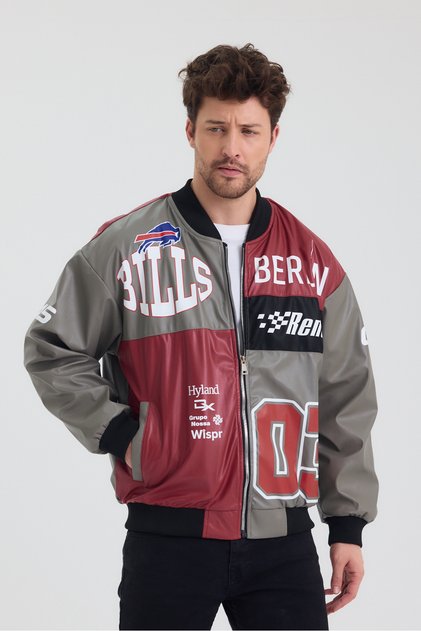 Men's Oversize Leather Garnished Printed Biker Coat College Jacket Bomber Casual Coat