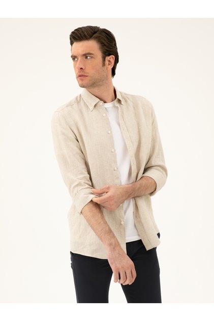 Beige Regular Fit 100% Linen Shirt 50284823-Vr011