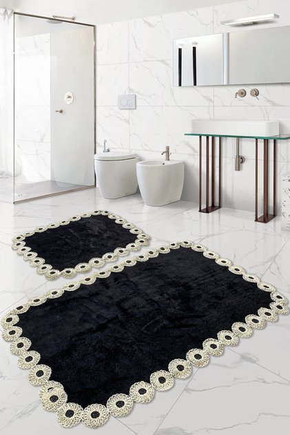 Gülruba Cornered Black Dowry Box with Lace, 2-Piece Bath Mat Set, Non-Slip Base Toilet Set