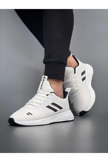 Unisex Lace-Up Knit PU Sole Sneakers-White-Black
