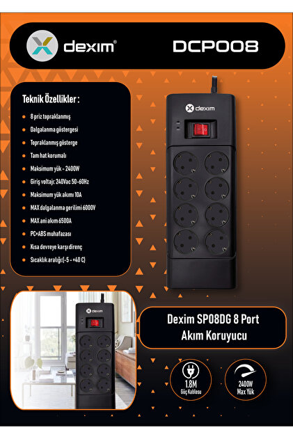 DEXIM DCP008 Akım Korumalı 8'li Siyah Priz