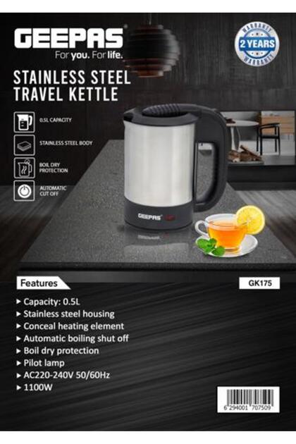 0.5 L Stainless Steel Travel Kettle- GK175| 1100 W, Black and Silver Color