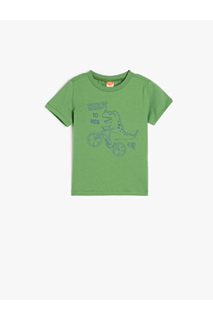 Crew Neck Short Sleeve Cotton Dinosaur Print T-Shirt