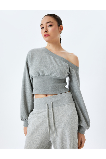 Slim Fit Asymmetrical Collar Corset Detailed Long Sleeve Crop Sweatshirt