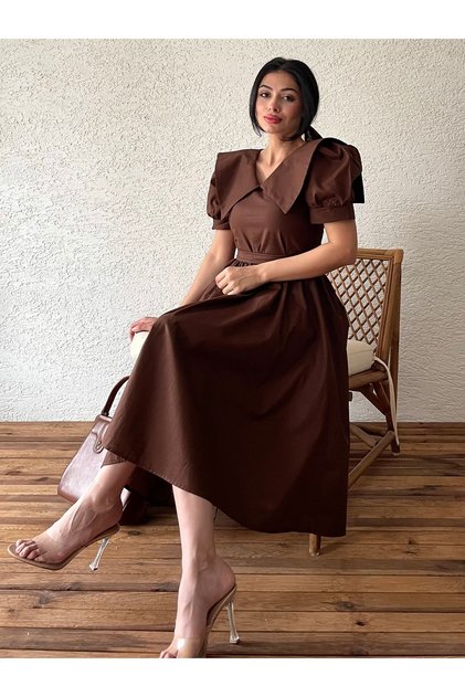 Brown Large-Collar Flared Poplin Dress