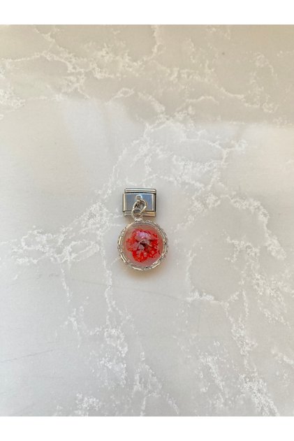 Stainless Steel Dangle Epoxy Dry Red Flower Italian Charm
