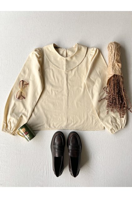 Krem Rengi Vintage Bebe Yaka Poplin Bluz