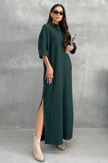 Slit Shirt Collar Buttoned Foldable Long Sleeve Cotton Knitwear Cotton Dress Wide Fit S m L