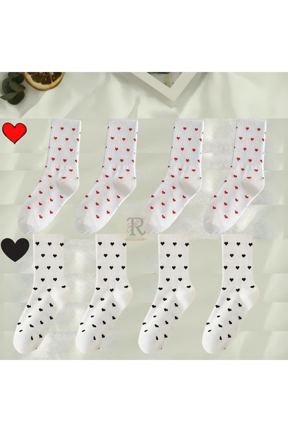 4 Pairs Women's White Socks Red-Black Small Heart Pattern Socks Seasonal Women's Heart Socks