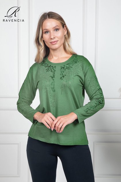 Women's Green Floral Patterned Stoned Slit Lycra Viscose Mother Combed Cotton Blouse