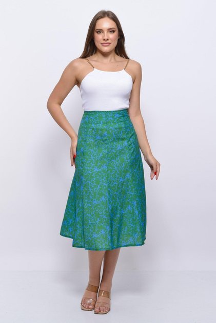 Women's Green Seasonal Parted Zippered Unlined Flared Below-Knee Skirt 2208-77