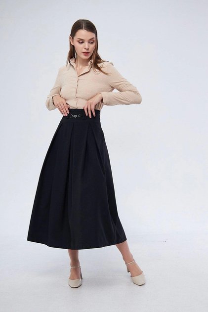 Apsen Women's Black Metal Accessory Detailed Seasonal Flared Hijab Skirt 2054-90