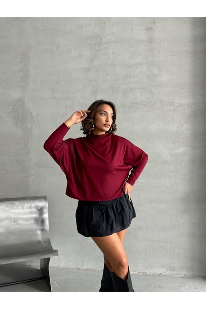 Kadın BORDO İnterlok Kumaş Dik Yaka Yarasa Kol Bluz
