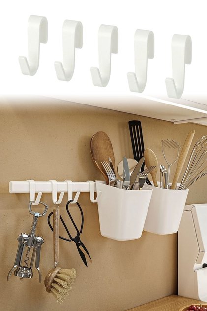 Kitchen Rail Hanger Hook Set of 5 Plastic White Rd052