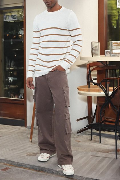 Pulover din tricotaj cu dungi, cu gât rotund, croială slim, casual, Mink TMNAW25KZ00033