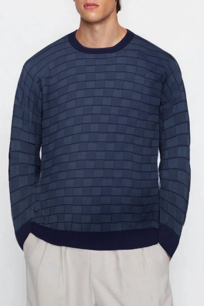Indigo Casual Slim Fit gestreifter Strickpullover mit Rundhalsausschnitt TMNAW25KZ00028