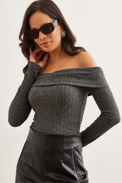 Women's Anthracite Thick Ribbed Raised Madonna Collar Blouse Blz- 19002815
