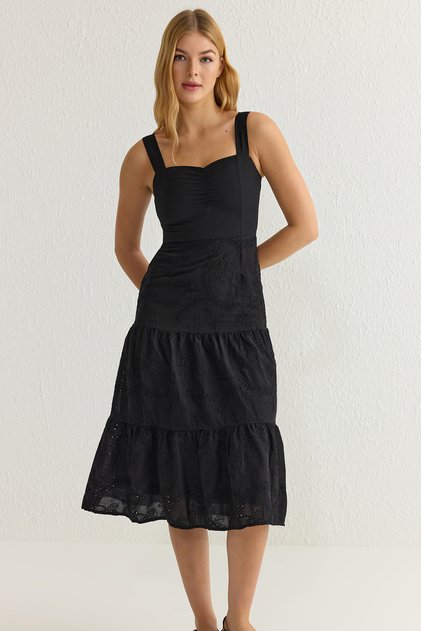 Black Waist Opening Lined Midi Embroidery Woven Dress TWOSS23EL00156