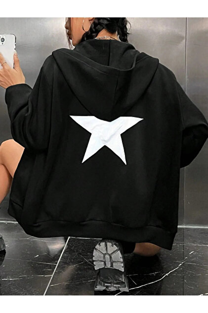 Star Back Printed Unisex Hooded Kangaroo Pocket Oversize Seasonal Zippered Sweatshirt Cardigan