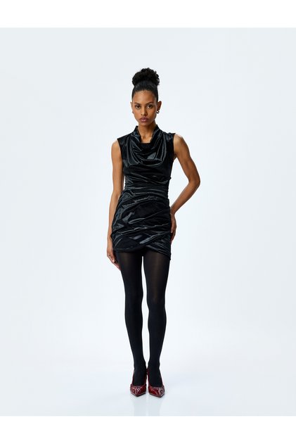 Slim Fit Degaje Collar Sleeveless Midi Velvet Dress