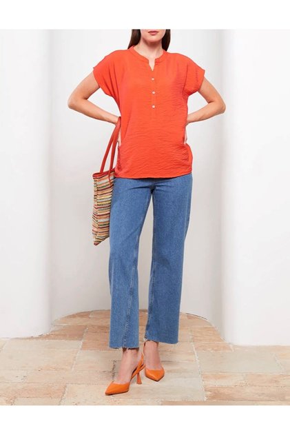 Women's Short Sleeve Button Shirt Orange Women's Shirt