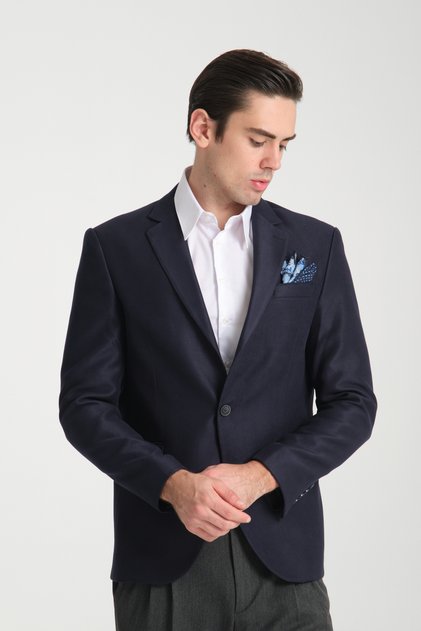 Str Men's Navy Blue Slim Fit Mono Collar Self Patterned Sports Blazer Jacket