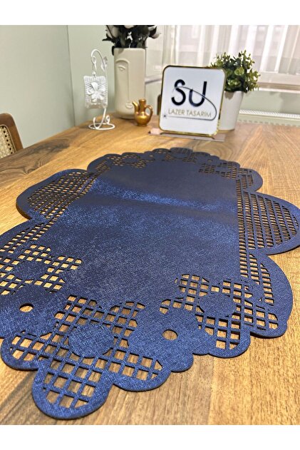 Special Rose Pattern Navy Blue Faux Leather, Laser Cut Runner Stylish Tablecloth American Service Runner
