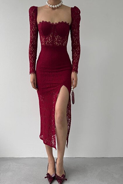 bayansepeti Burgundy lace fabric sleeves see-through degaje collar guipure  design midi dress with slit detail 249- Trendyol