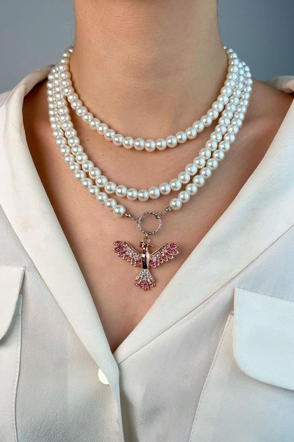 Burgundy Phoenix Triple Pearl Necklace - White
