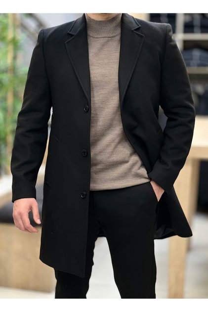 Men's Over-The-Knee Jacket with Collar, Anti-Pilling, Black Coat, Regular Fit, Classic Model