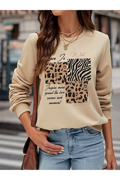 Women's Beige Love Is Wild Printed Crew Neck Oversize Sweatshirt