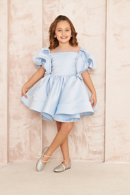 princess polly baby blue dress Sister Jane Sunrise exclusive jacquard balloon sleeve v-neck bow detail  midi dress in blue