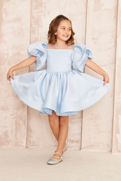 Blue Balloon Sleeve Female Child Evening Dress