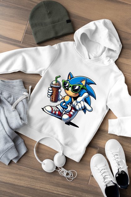 GÖZLÜKLÜ SONIC BASKILI KAPŞONLU CEPSİZ 3 İPLİK ÇOCUK SWEATSHIRT