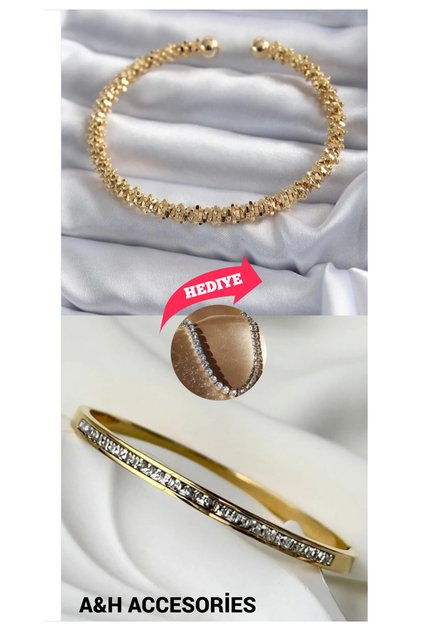 2'Li Taşlı Ve Simli Çelik Gold Kelepçe Bileklik (su yolu bileklik hediyedir.!!)
