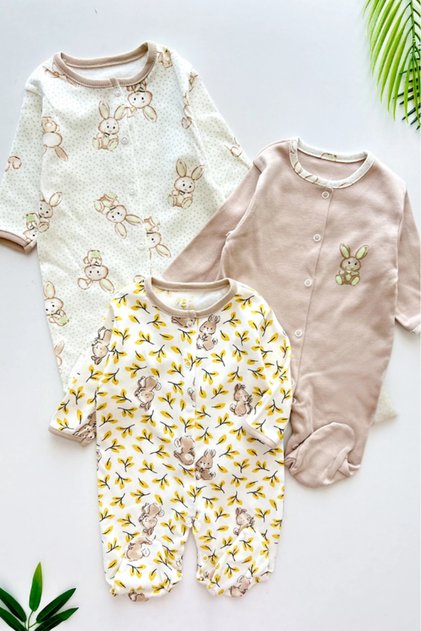 100% Cotton Sweet Rabbit Print 3-Piece Jumpsuit with Booties (Girl - Boy - Newborn)