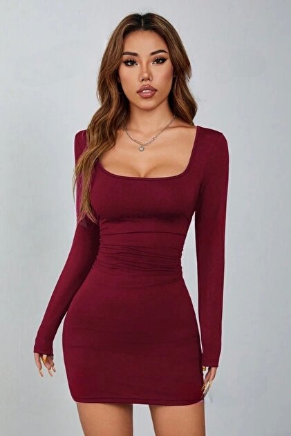 Baby xclub Burgundy Square Neck Long Sleeve Lycra Mini Dress (Seasonal and Winter)- Trendyol Baby xclub Burgundy Square Neck Long Sleeve Lycra Mini Dress (Seasonal and Winter)- Trendyol