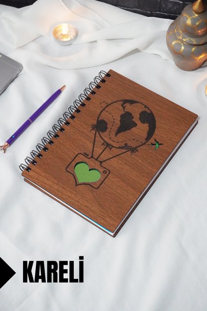 Flying Balloon Themed Checked Notebook with Wooden Cover - Agenda/School Notebook - A5 (120 Sheets)